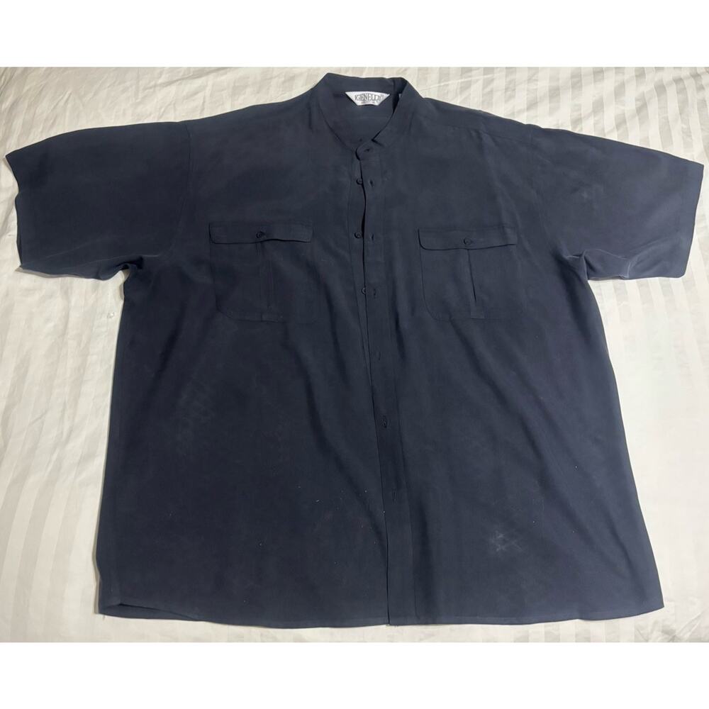 VINTAGE MENS GENELLI Black Monotone SILK SHIRT‎ NEHRU COLLAR 2XL Short Sleeved
